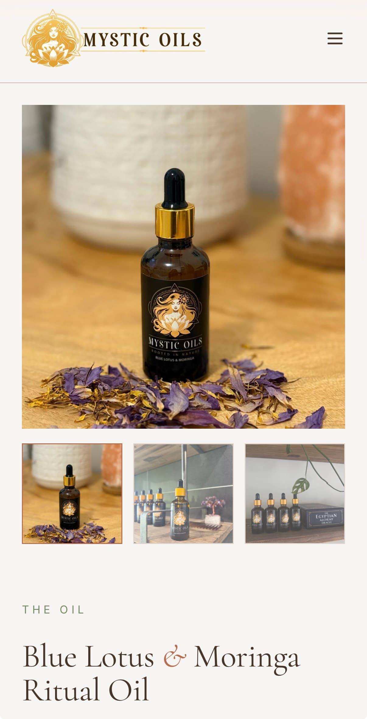 Mystic Oils website on mobile