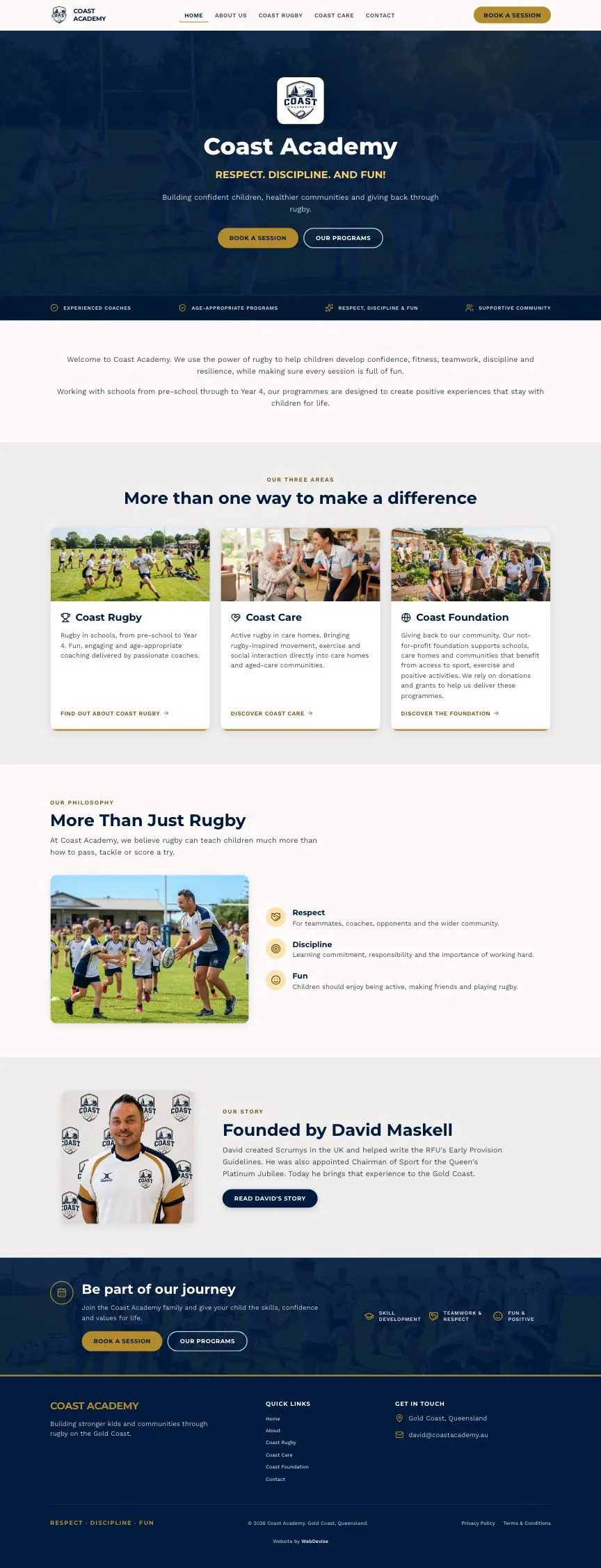 Coast Rugby Academy website, full page