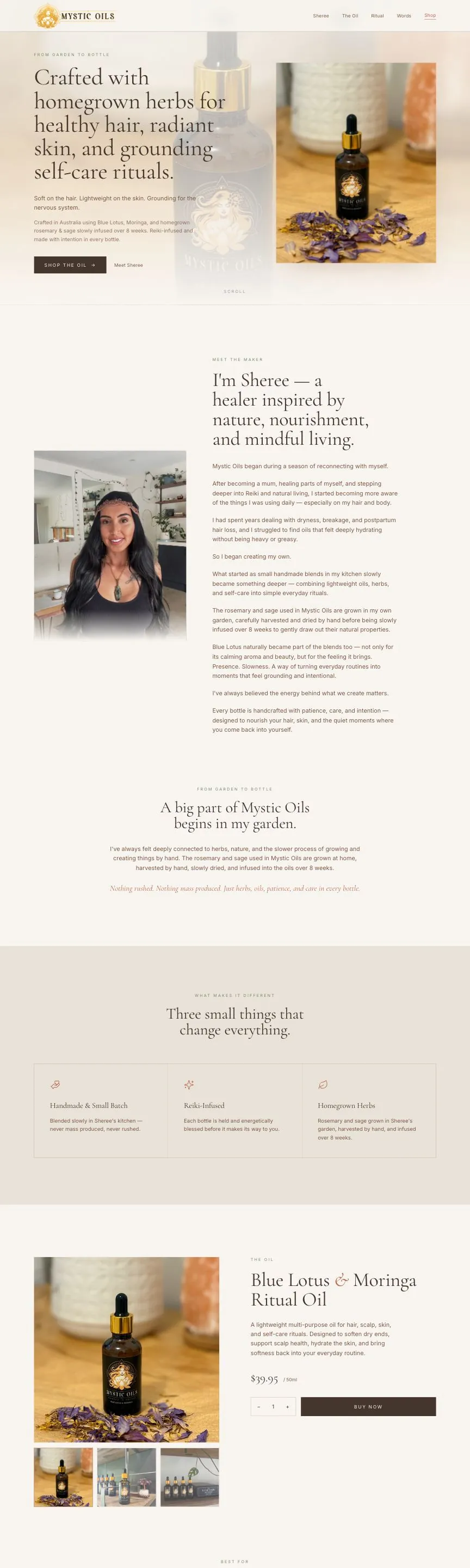 Mystic Oils website, full page